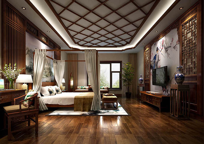 臥室里黑酸枝家具以及大床的運用烘托出一種氣氛