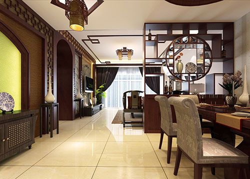 餐廳和客廳用隔扇門分開的兩個(gè)區(qū)域