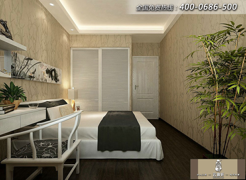 長輩房的裝飾色彩則比較沉穩、樸素，濃郁的東方禪意氣息隨之而來